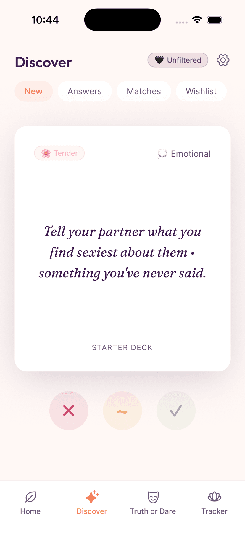 Discover screen with swipe cards for desire matching