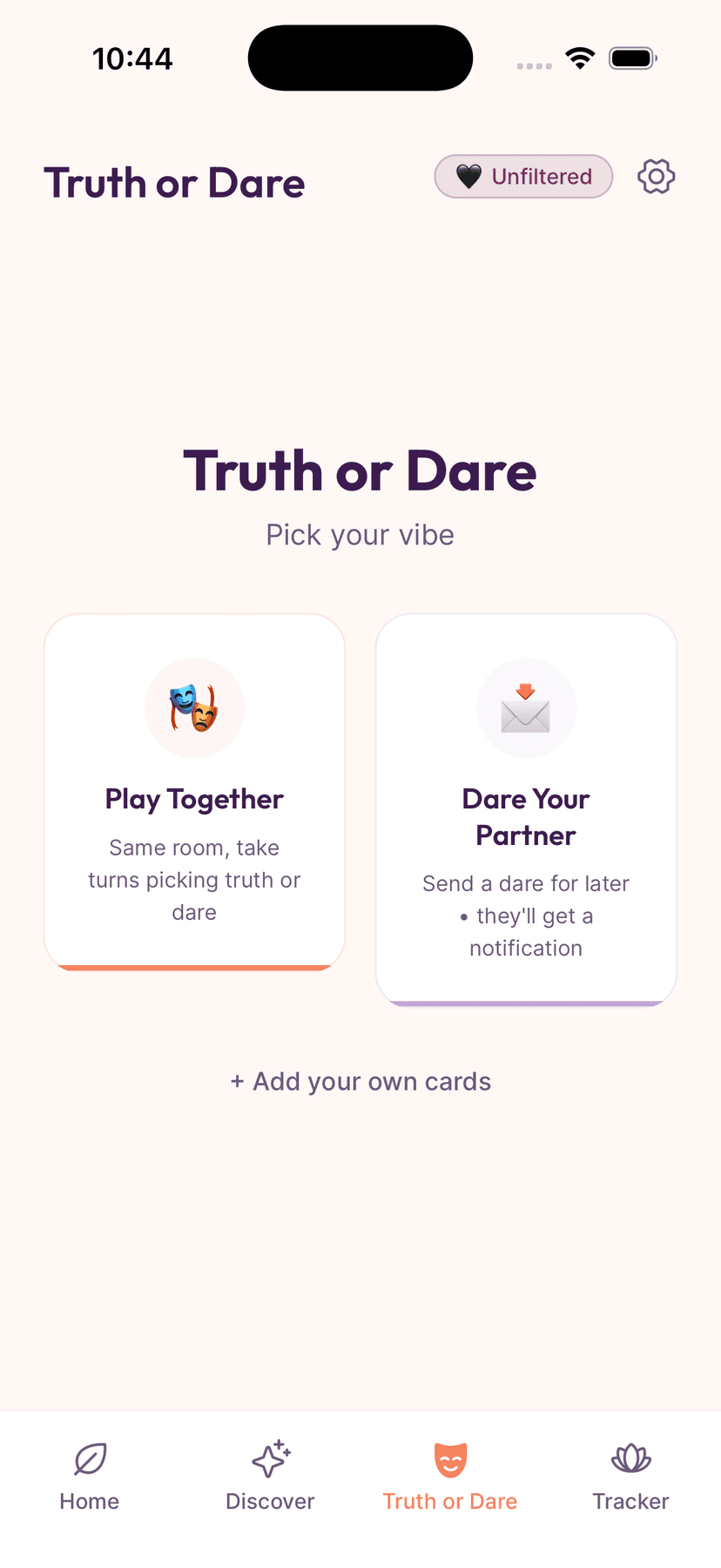 Truth or Dare screen with play modes